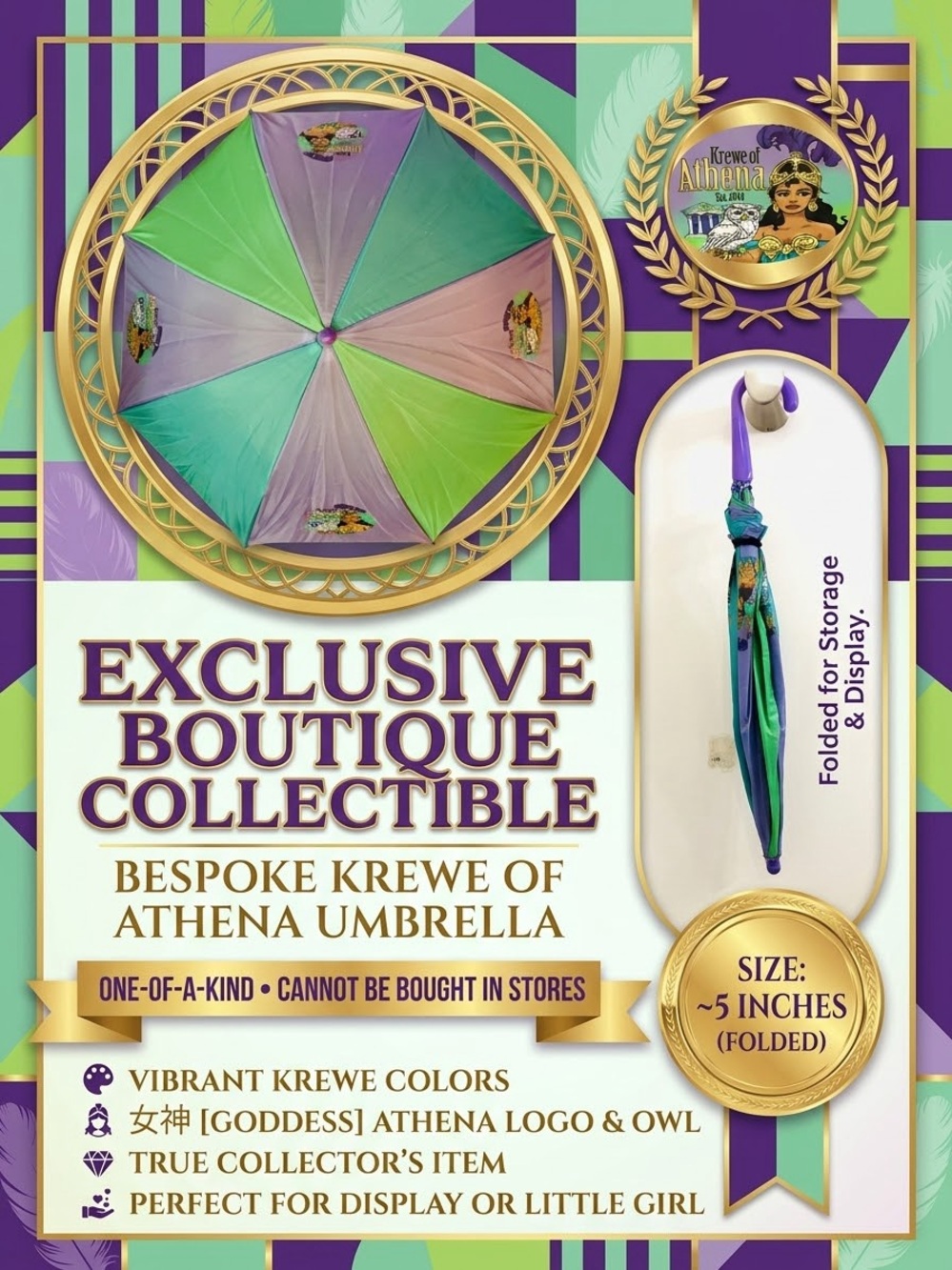 NEW Bespoke Krewe of Athena Mardi Gras Umbrella – OOAK Collectible